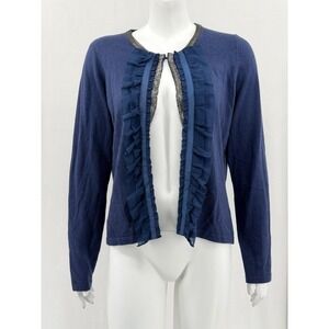Pamela‎ Dennis Sweater Womens Medium Blue Ruffle Trim Cardigan Knit Luxe Office
